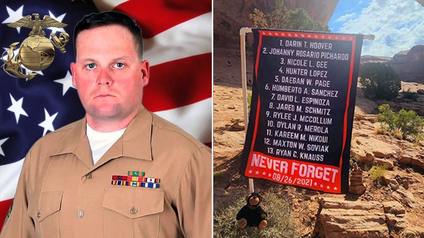 Staff Sergeant Taylor Hoover's official Marine Corps portrait, left, a commemorative flag honoring the 13 fallen American heroes on 8/26/21, right