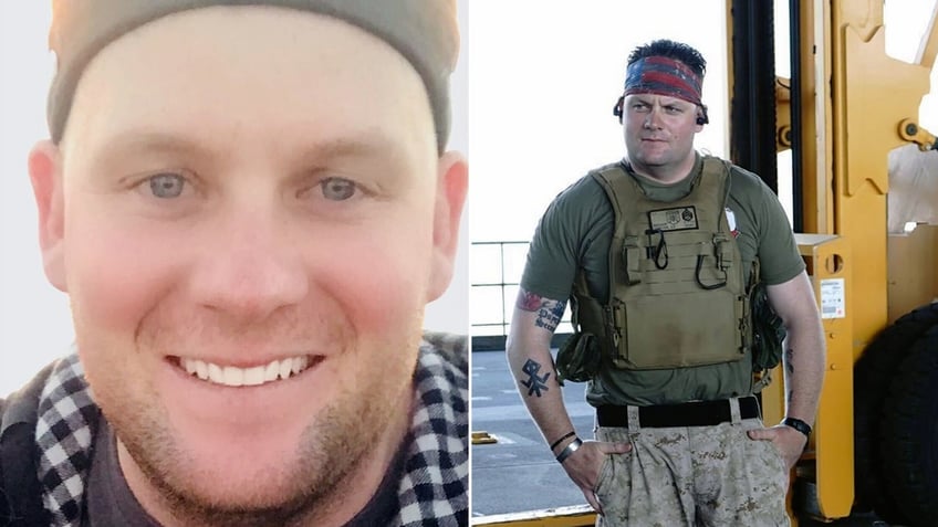 Close-up of Taylor Hoover smiling, left, SSgt Hoover with his hands in his pockets, right