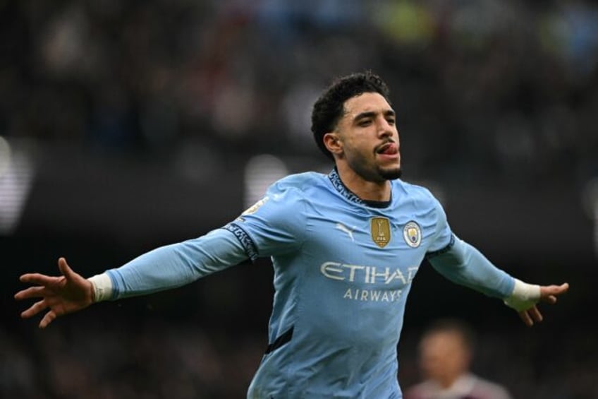 Omar Marmoush celebrates the first goal of his hat-trick for Manchester City against Newca