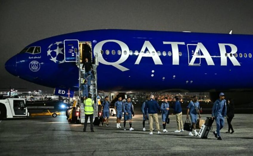 Paris Saint-Germain players step off their plane after arriving in Los Angeles on Tuesday