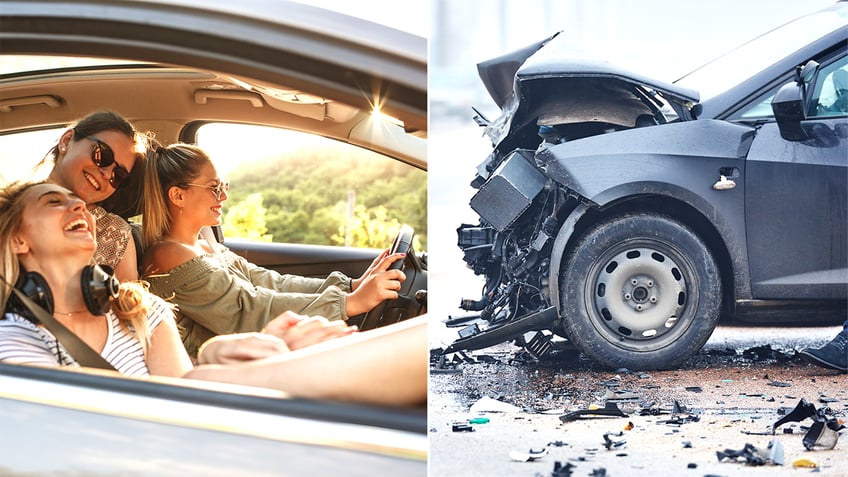 teen girls drive next to a crashed car