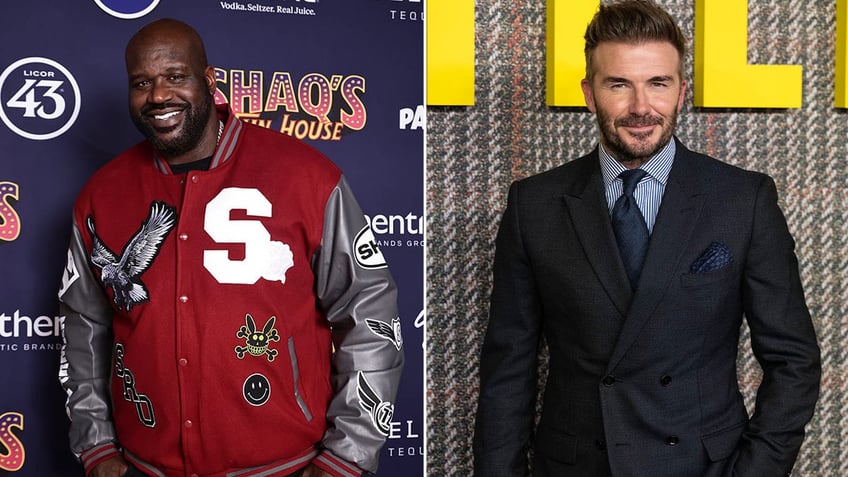 Side by side photos of Shaquile O'Neal and David Beckham