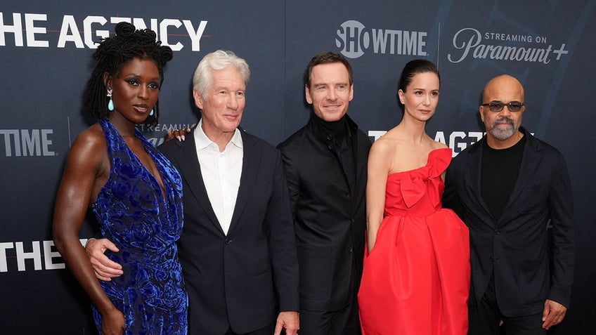 Waterston with her "Agency" co-stars Jodie Turner-Smith, Richard Gere, Michael Fassbender and Jeffrey Wright.