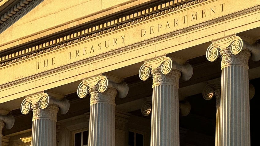 The Treasury Department is seen near sunset