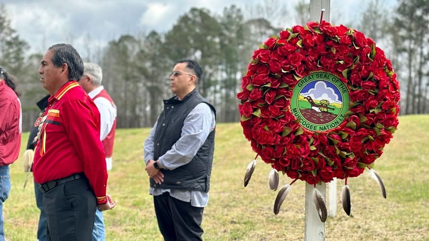 A wreath honors the more than 800 Muscogee who perished during the March 27, 1814, Battle of Horseshoe Bend