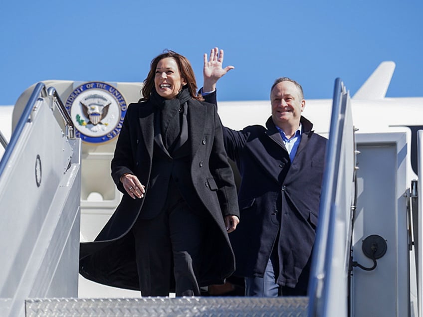 Vice President Kamala Harris and Second Gentleman Douglas Emhoff disembark Air Force Two at Denver International Airport Monday, March 6, 2023, in Denver. (Official White House Photo/Lawrence Jackson)