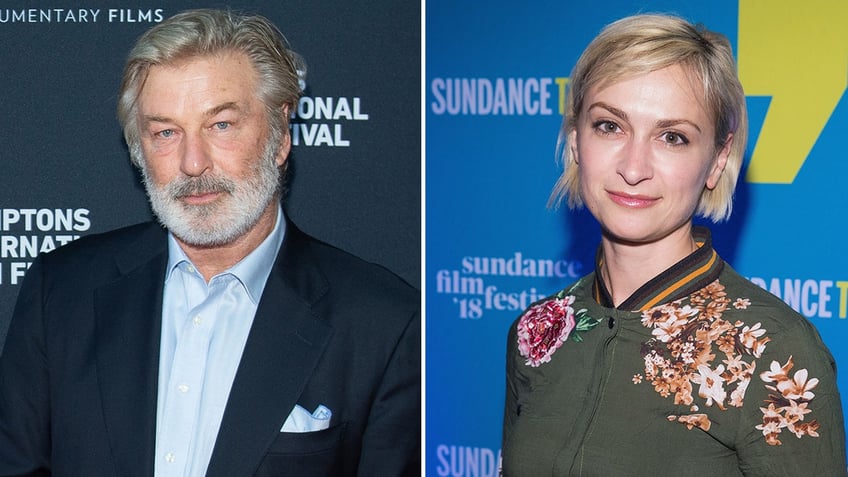 Alec Baldwin in a dark suit with a light blue shirt and blue pocket square and bushy beard split Halyna Hutchins in a dark green shirt with flowers