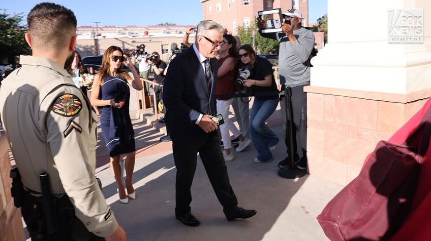 Alec Baldwin and wife Hilaria Baldwin arrive at the First Judicial District Court in Santa Fe, New Mexico