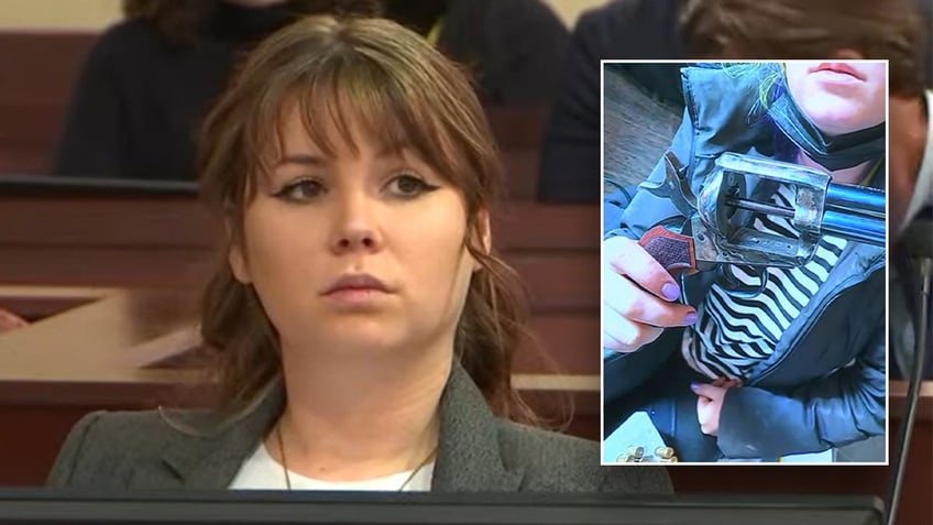 Hannah Gutierrez-Reed holds a gun, pictured in New Mexico court on day one of Rust trial