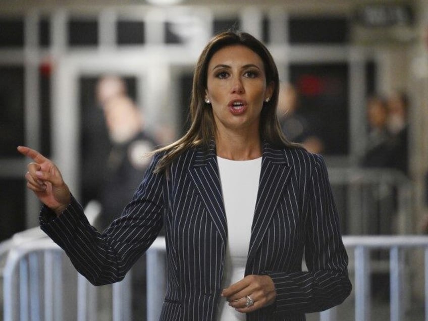 Alina Habba, an attorney for former President Donald Trump, speaks outside at Manhattan cr