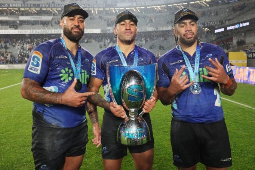 All Blacks Akira Ioane, Rieko Ioane and Hoskins Sotutu (from left) celebrate the Auckland