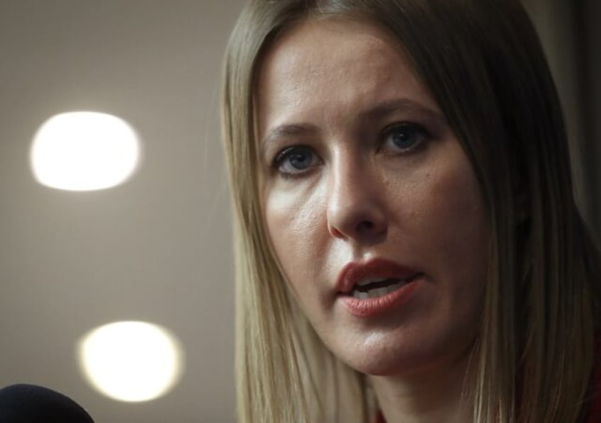 Russian media personality and former presidential candidate Ksenia Sobchak speaks to reporters in Washington, DC in February 2018