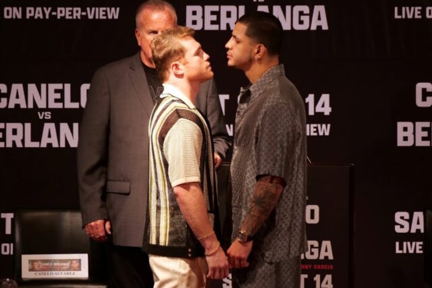 Champion Saul 'Canelo' Alvarez and Edgar Berlanga face off during a press conference to pr