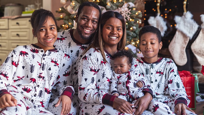 Coordinated pajamas add to the holiday fun.