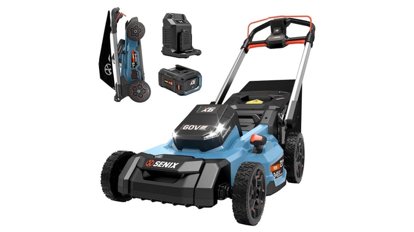 This quiet lawn mower folds up for easy storage. 