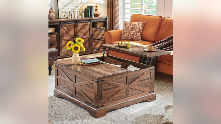 A coffee table that doubles as a dining table or desk. 