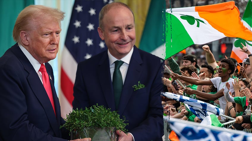 Irish Taoiseach Micheál Martin presents President Donald Trump, left, with a bowl of clovers during a St. Patrick’s Day event in the East Room of the White House on March 12, 2025 in Washington, D.C.