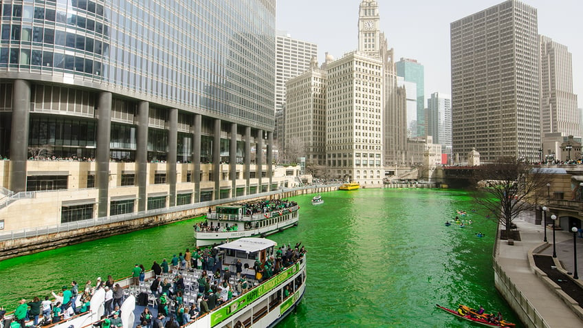 A view of the Chicago River as it turns green for the annual St. Patrick's Day celebrations in Chicago on March 15, 2025.