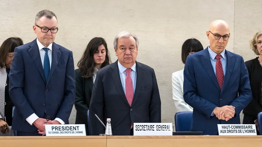 UN Human Rights Council President Jurg Lauber, UN Secretary-General Antonio Guterres and UN High Commissioner for Human Rights Volker Turk in Geneva