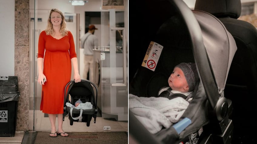 Cheri Phillips and Greyson Phillips in a car seat