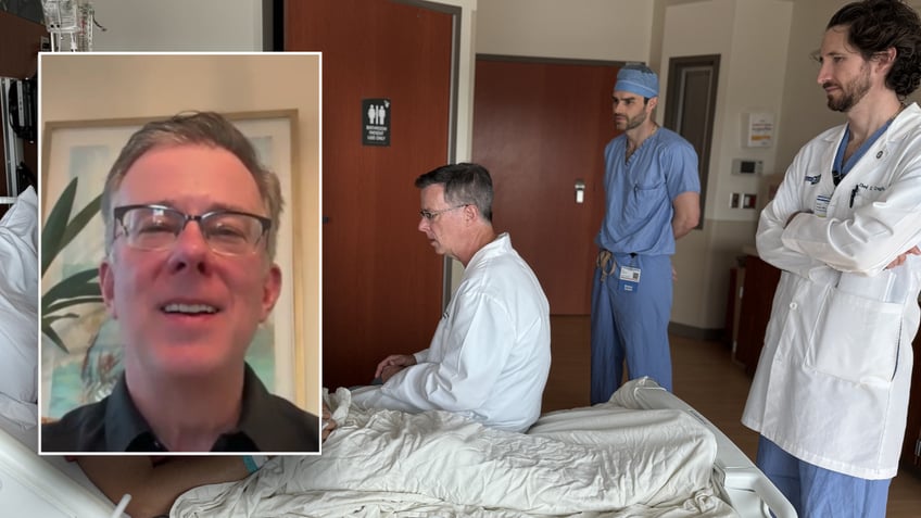 Split image of Gamblin smiling and talking to patient