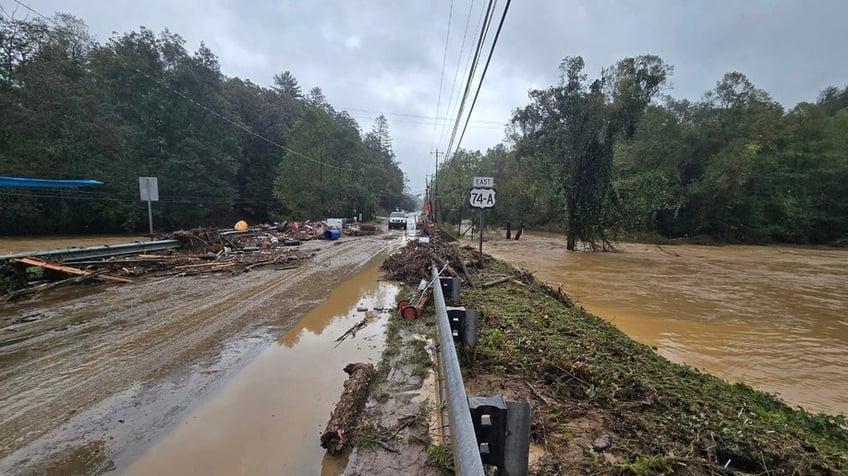 View of a flooded road in Fairview, N.C.