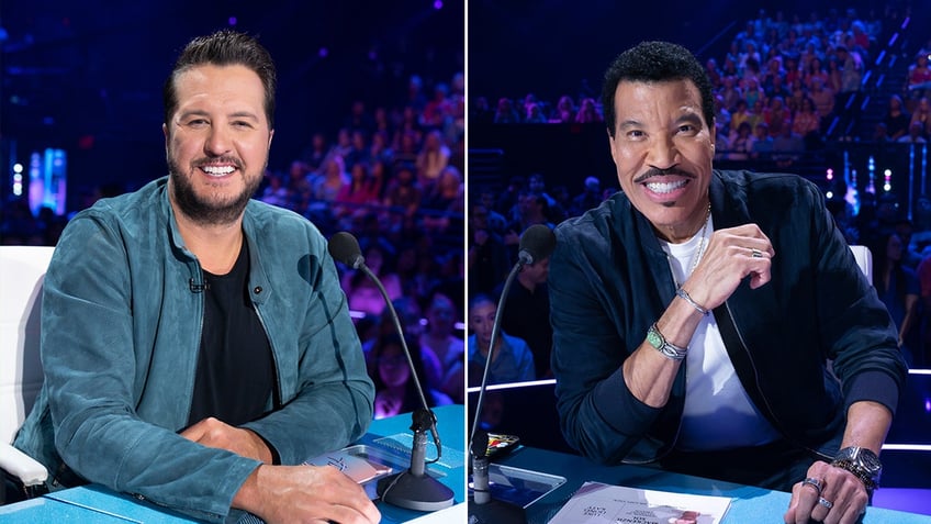 Luke Bryan behind the judges desk on "American Idol" in a blue jacket split Lionel Richie behind the deak wearing a navy jacket