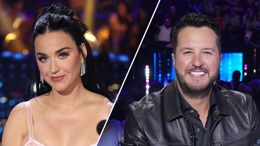 Katy Perry soft smiles sitting behind the judges table for "American Idol" split Luke Bryan in black leather smiles behind the judges counter