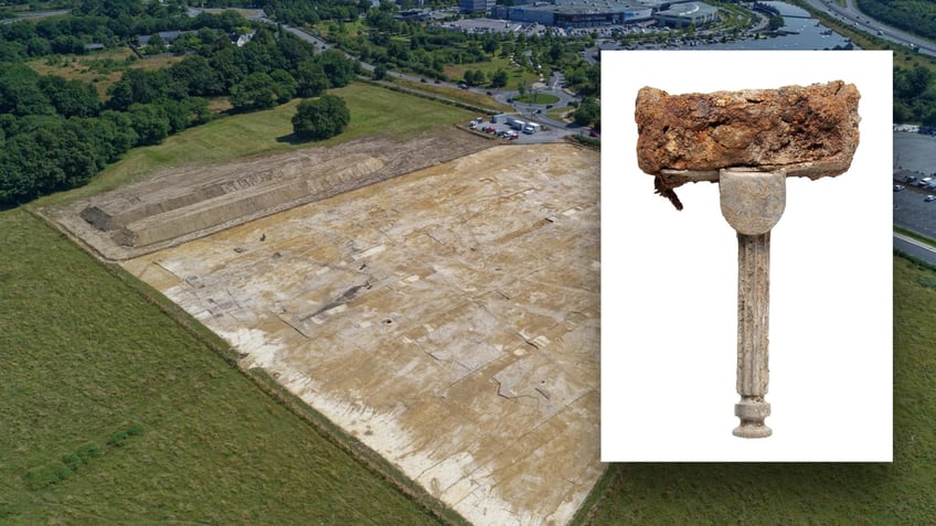 Split image of recovered razor over dig site