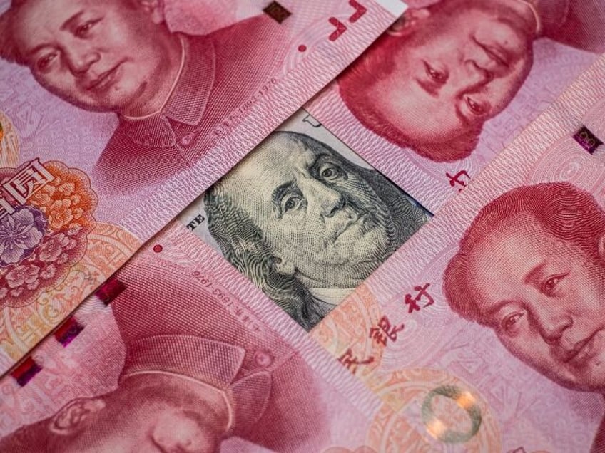 A hundred dollar bill covered by Chinese RMB