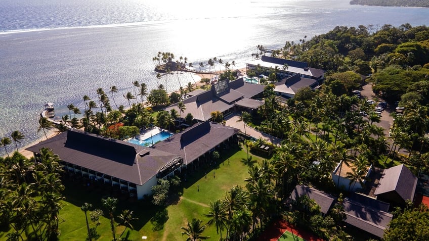 This photo shows an aerial view of the five-star Warwick Fiji resort on the Coral Coast, about 70 kilometers west of capital city Suva, on December 16, 2024.