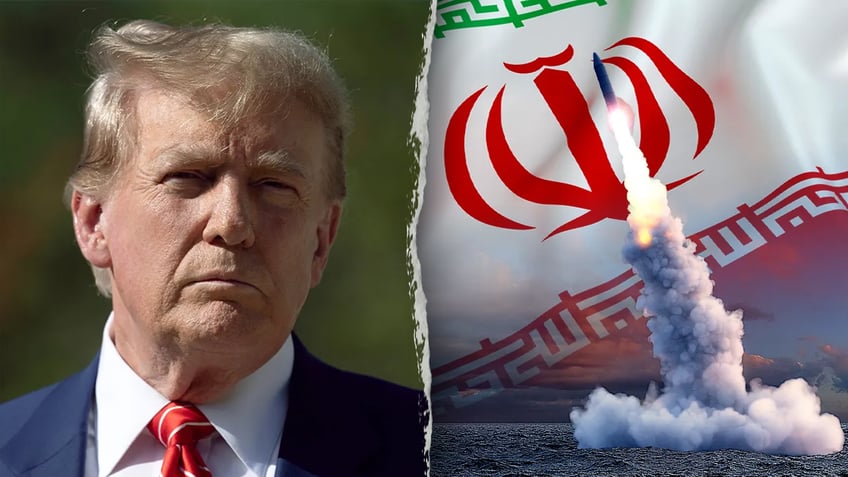 Trump, left; Iran with rocket photo illusration, right