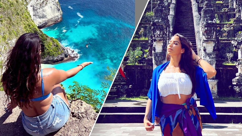 split image of andrea elliott sitting on cliff and in bali