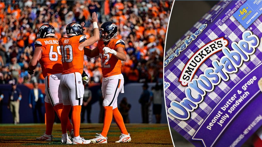 Denver Broncos players celebrate, left. A Smucker's Uncrustables grape jelly box is shown, right.