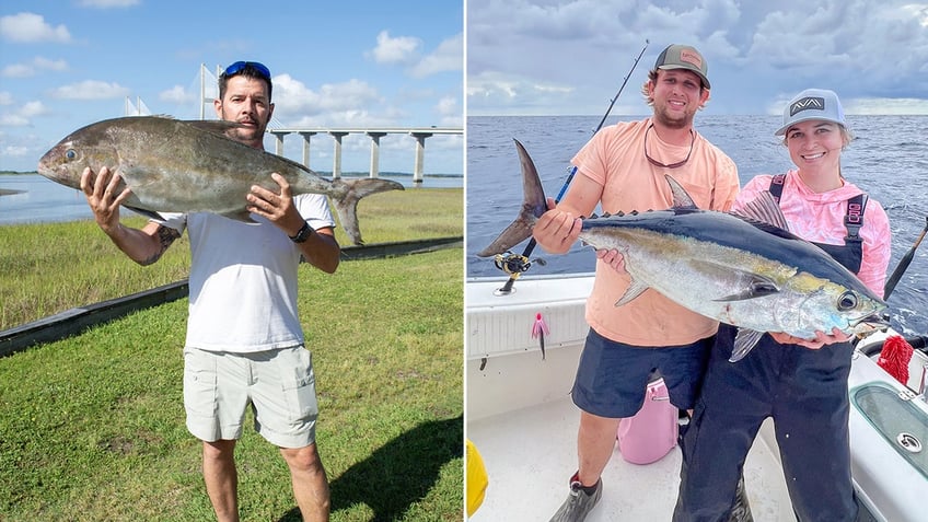 split between a man holding a large fish and a a woman holding a large fish