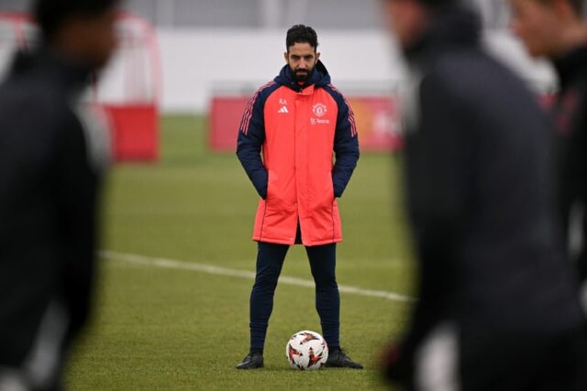 Manchester United manager Ruben Amorim takes training at the club's Carrington training ba