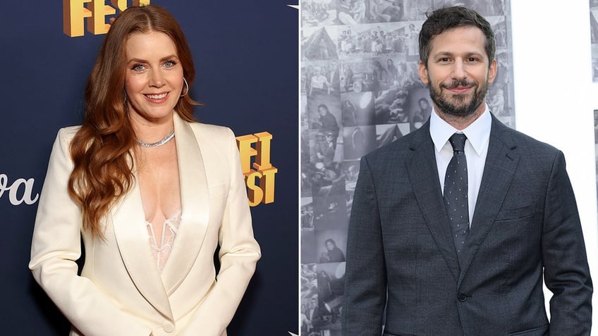 side by side photos of Amy Adams and Andy Samberg