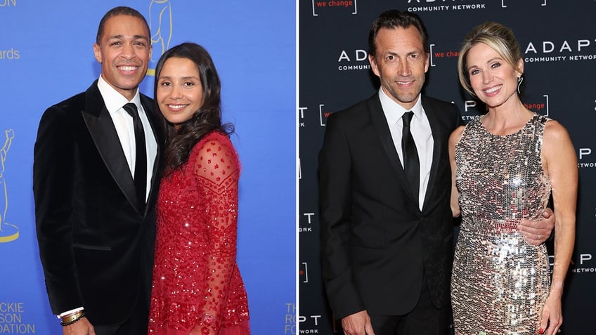 T.J. Holmes in a suit holds his wife Marilee Fiebig in a red dress on the red carpet in 2020, split Andrew Shue holds onto his wife Amy Robach in a sparkly dress in 2022