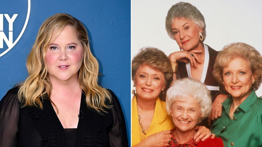 Amy Schumer in black poses for a photo at "The Tonight Show" split the cast of the "Golden Girls" posing for a photograph