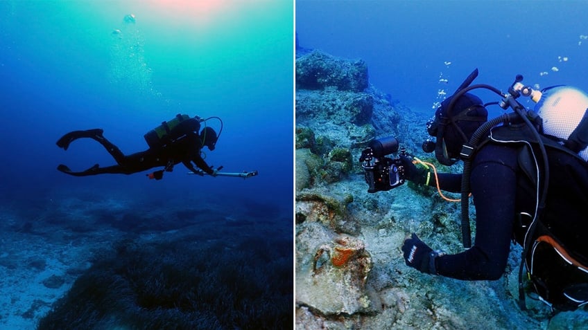 split photo of diver swimming and diver taking photos