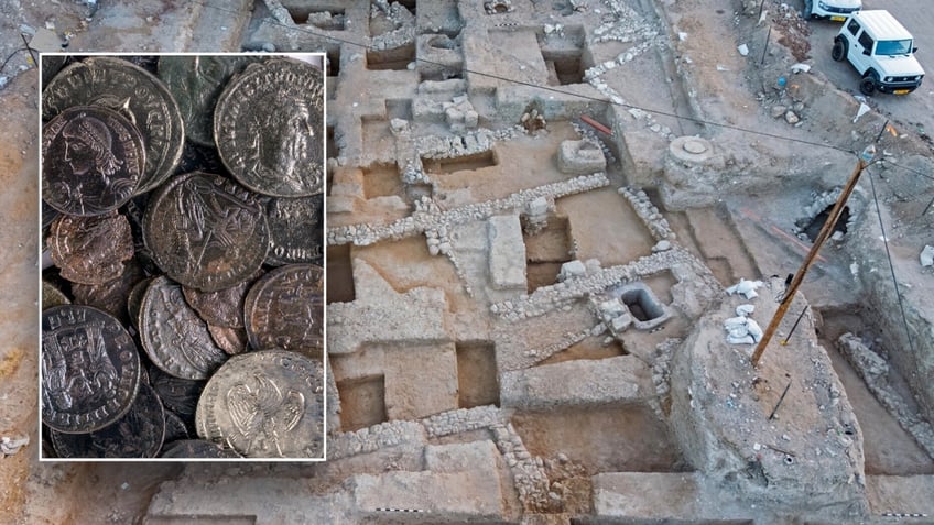 Split image of excavation site and ancient coins