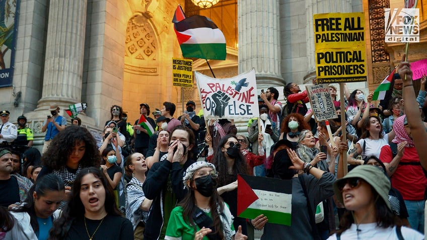 Anti-Israel protesters stage a demonstration on the steps of the New York Public Library