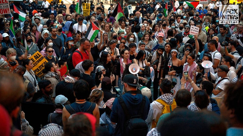 Anti-Israel protesters stage a demonstration outside of the New York Public Library