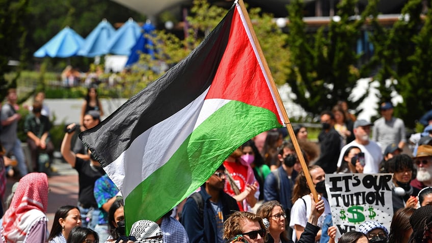 Large Palestinian flag, protesters