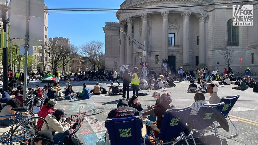 Anti-Israel agitators block roadways outside of Yale University in New Haven, Connecticut