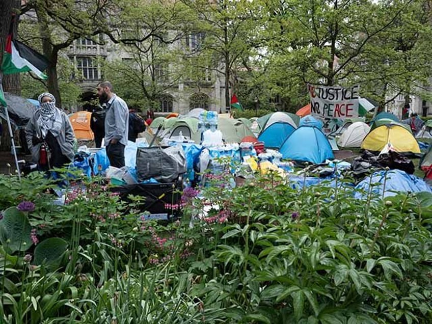 Tents form an encampment of activists protesting the war in Gaza on the campus of the Univ