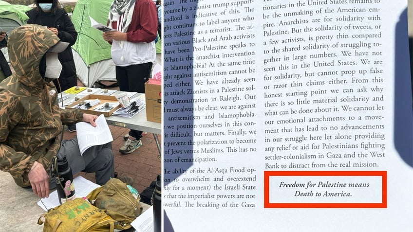 'death to Israel' pamphlet, right; left: U of Michigan encampment