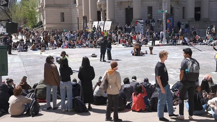 Anti-Israel agitators block roadways outside of Yale University in New Haven, Connecticut