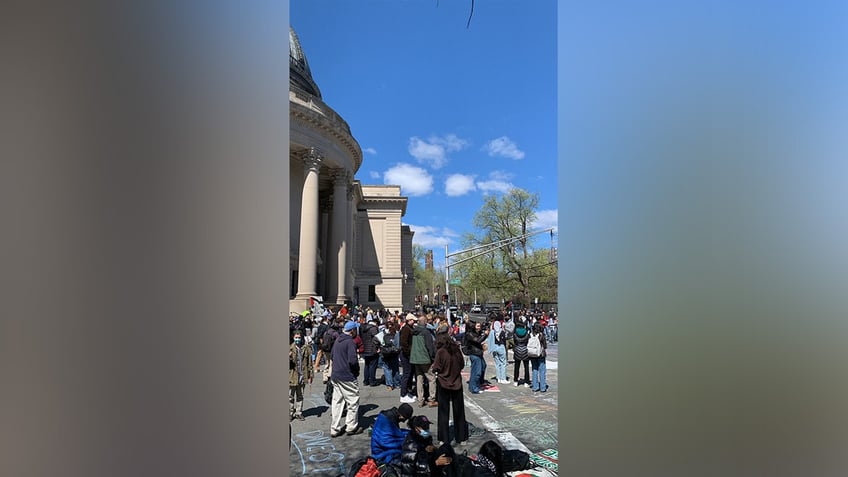 Pro-Palestine protestors block roadways outside of Yale University in New Haven, Connecticut