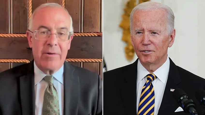 New York Times opinion columnist David Brooks and President Biden split image